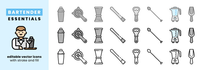 Bartender tools icon illustration set. Cocktail mixing tools. Cocktail shaker, strainer, jigger, spoon, bottle opener, ice scoop, blender. Isolated on transparent background.