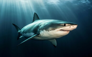 Fototapeta premium Great White Shark Swimming Gracefully Beneath Sunlit Ocean Waters