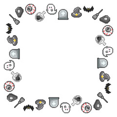 Halloween Square Frame, Monochrome Pixel Art Halloween Border with Ghosts, Bats, Eyeballs, Witch Hat and Tombstones, Digital Frame for Poster, Invitation, Banner and Social Media