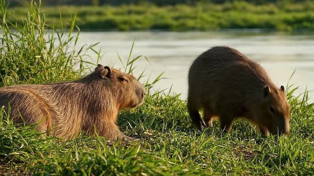 One of them is lying on the grass in a relaxed position, while the other is standing and grazing. The scene is surrounded by lush green vegetation, and in the background, a calm river or lake reflects