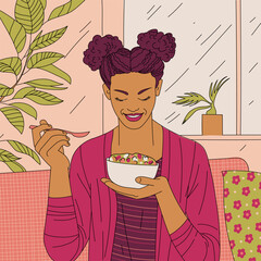 Dark-skinned woman sitting on sofa in room and eating healthy salad. Portrait of smiling young woman with bowl and spoon in hands. Healthy lifestyle concept. Colorful vector illustration in flat style