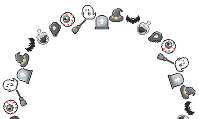 Halloween Arch Frame, Monochrome Pixel Art Halloween Border with Ghosts, Bats, Eyeballs, Witch Hat and Tombstones, Digital Frame for Poster, Invitation, Banner and Social Media