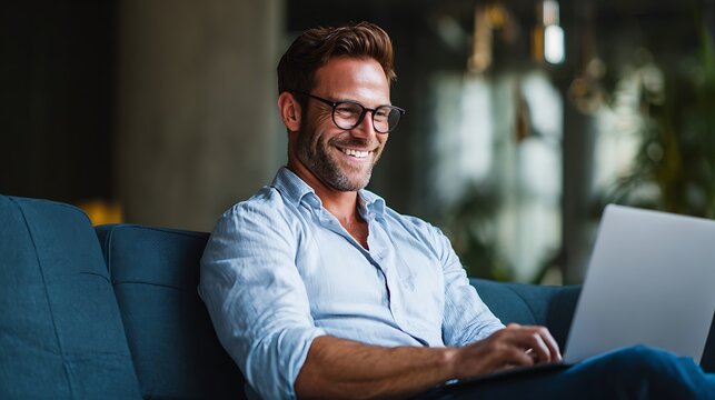 Smiling man working on a laptop while seated on a blue couch Remote work or leisure time enjoying technology and comfortable living