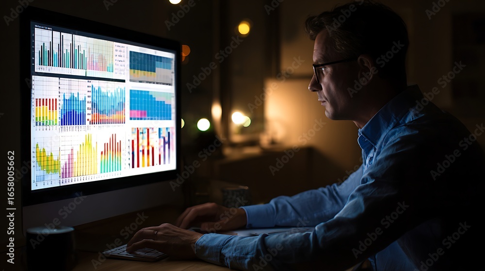 Poster man working late analyzing data charts on a computer screen illuminated in the darkness showcasing h