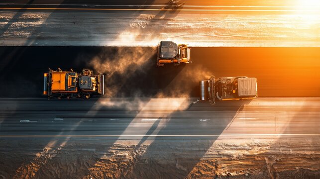 Construction crew works on paving a new road during sunset with heavy machinery in action along a highway