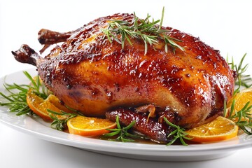 Succulent roasted duck garnished with fresh herbs and orange slices ready for a festive dinner feast