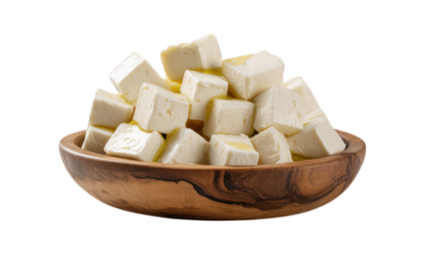 Cubed white cheese in wooden bowl; small amounts of oil visible