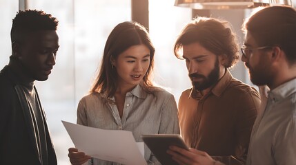Diverse group collaborates on a project reviewing paperwork and digital information in a bright professional setting