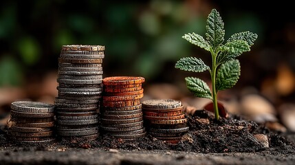 Money Growth Concept: Young Plant Sprouting on Coin Stack with Sunlight Bokeh, Finance Nature Background
