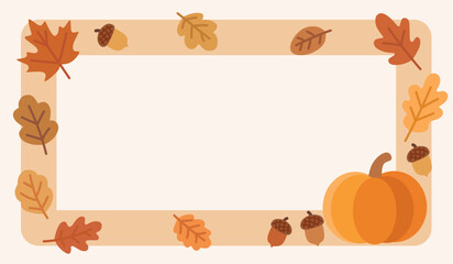 Autumn background with pumpkin, leaves, and acorns. Perfect fall frame for Thanksgiving, harvest, and seasonal design templates.