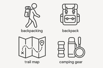 Minimalist icons of backpacking, backpack, trail map, and camping gear