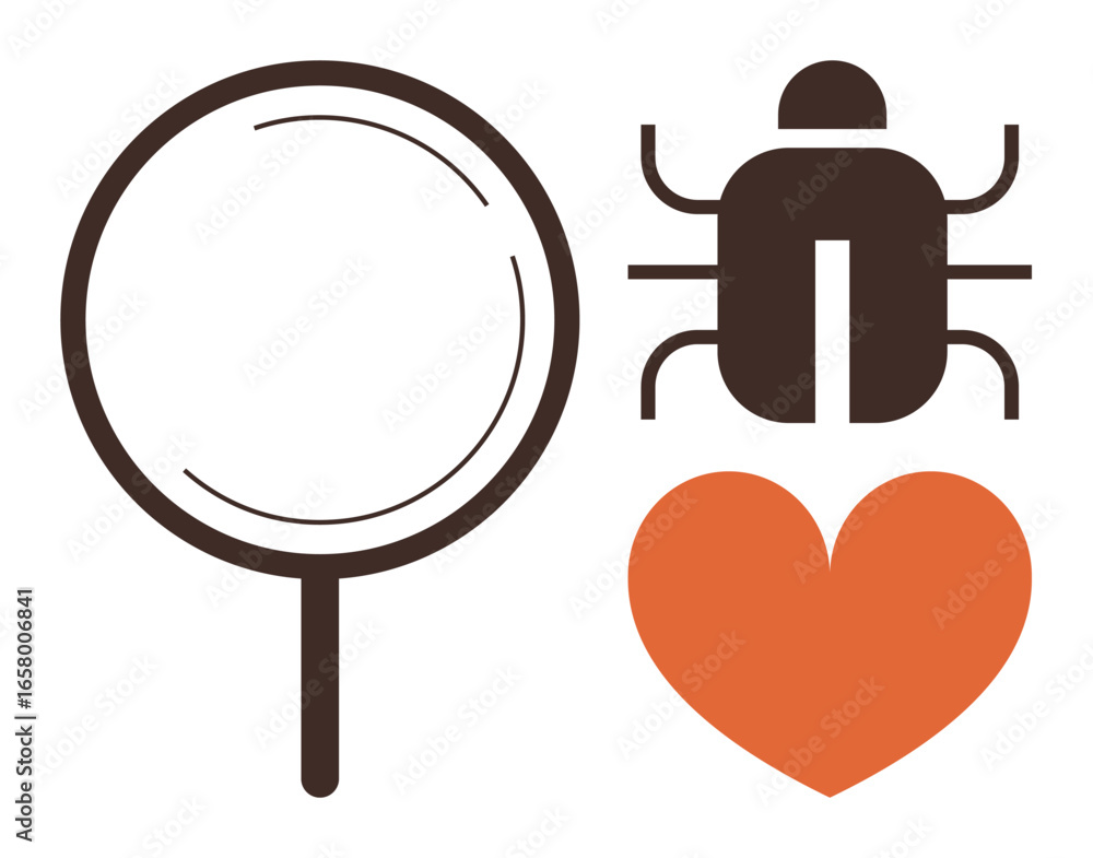 Poster magnifying glass, bug, and heart symbolize debugging, error detection, software testing, qa, problem