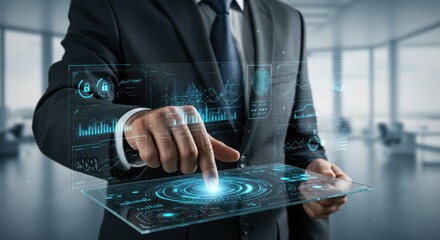 Businessman interacts with a futuristic interactive transparent screen