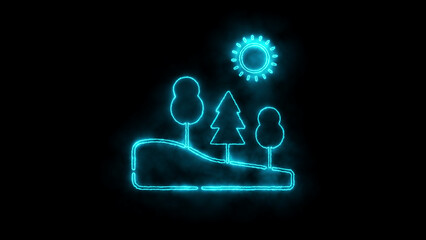 Neon blue outline of a landscape with trees and sun on a black background nature