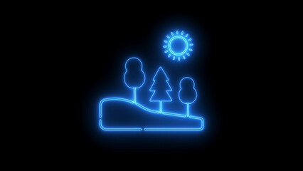 Blue Neon Line Art Landscape with Sun Trees and Rolling Hills on Black Background nature