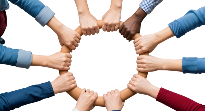 Diverse hands holding each other in a circle shape on white background