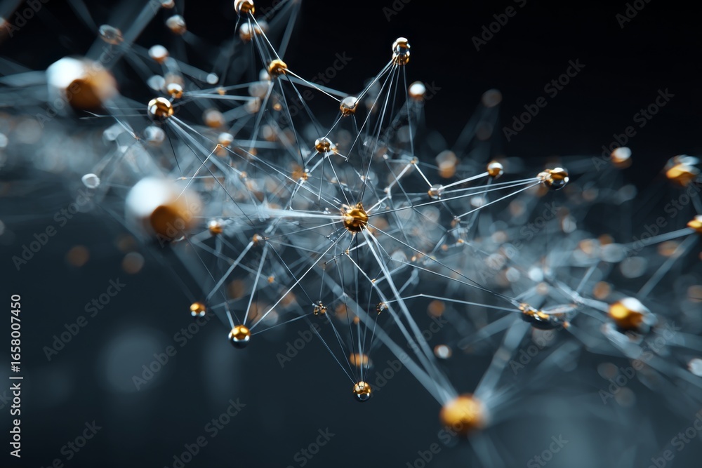 Poster in a dark setting, a network of nodes connected by fine lines creates an intricate web symbolizing t