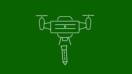 White outline drone dropping a pencil on a green background quadcopter aircraft
