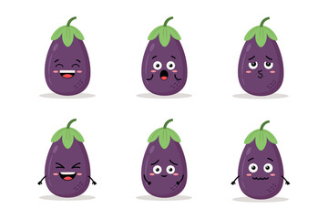 Cartoon Eggplant with different emotions set Illustration