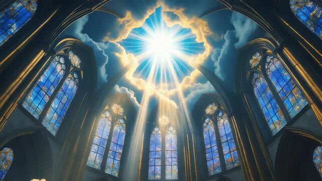 Sunlight streaming through stained glass windows of a majestic cathedral interior with glowing sky opening above gothic architecture