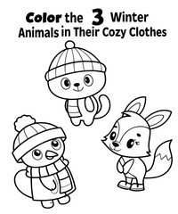 Cute Winter Trio Animals Coloring Page &ndash; Penguin, Polar Bear & fox for Kids