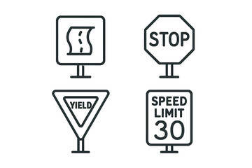 Road signs collection: curvy, stop, yield, speed limit symbols