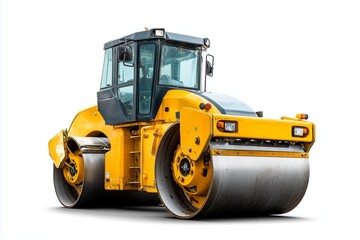 Fototapeta premium Large yellow road roller preparing a construction site for asphalt paving during bright daylight in a modern urban area