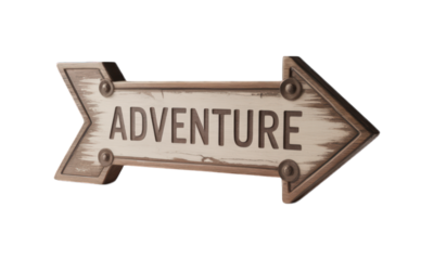 Wooden arrow sign reading "ADVENTURE" with metal accents and weathered texture