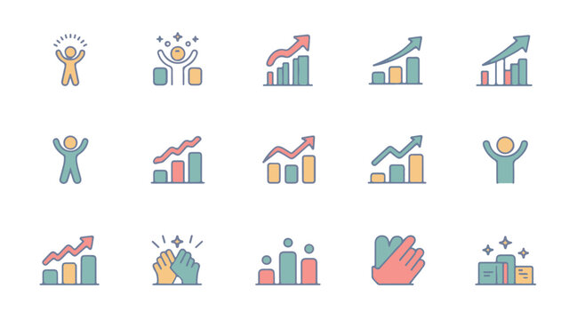 Business growth success icons set &ndash; achievement, progress, teamwork, graph increase, motivation, productivity, and positive results