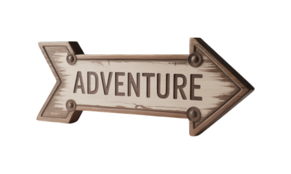 Wooden arrow sign reading "ADVENTURE" with metal accents and weathered texture