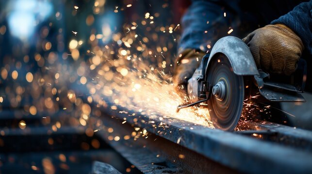 Construction worker cutting metal rail with a circular saw sparks flying in an industrial setting during daytime