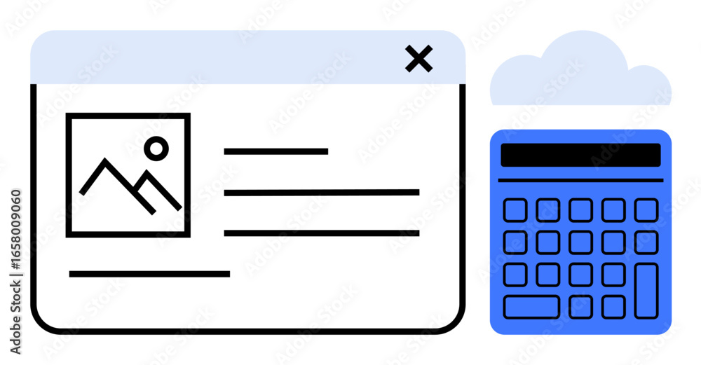 Aufkleber web browser window alongside calculator and cloud icon representing file management, calculations, c