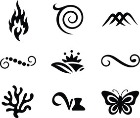 Collection of Nine Bold Black Nature and Tribal Style Design Elements