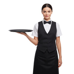 Woman arm in waiter uniform holding tray on Isolated transparent background png. generated with AI