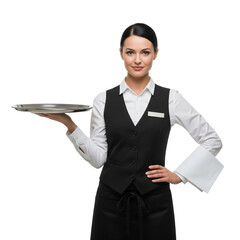 Woman arm in waiter uniform holding tray on Isolated transparent background png. generated with AI