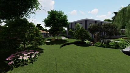 3d image of the landscape design of the home territory. Landscaping of the territory. Computer visualization of composite landscaping and landscaping solutions.