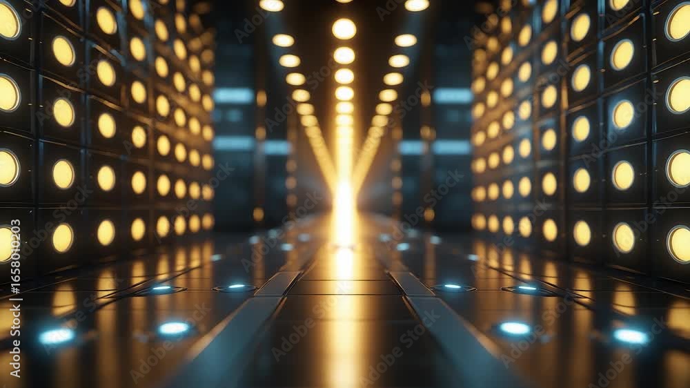 Poster futuristic corridor with glowing golden lights and reflective metallic surfaces creating a high tech