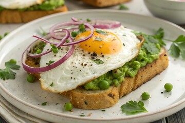 Delicious Breakfast with Fried Egg on Toast topped with Green Peas and Red Onion Slices