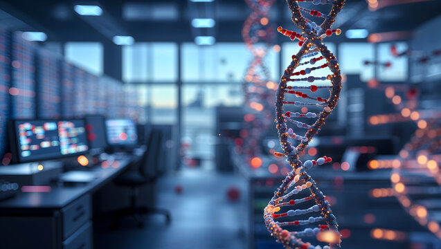 A double helix dna model in a laboratory setting, representing scientific research and advancements in biotechnology