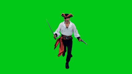 Fototapeta premium Cinematic style of fearless pirate running with sword and pistol on green chroma key background