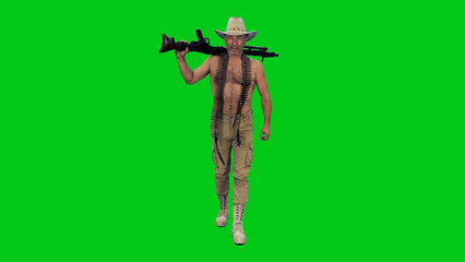 Cinematic style of middle aged shirtless man wearing cowboy hat walking with a machine gun and cartridge belt on green chroma key background