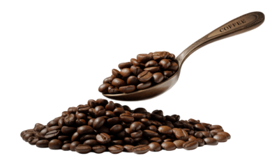 Coffee beans piled, spoon holding more, on black backdrop with soft shadows