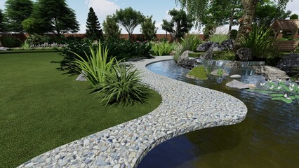 3d image of the landscape design of the home territory. Landscaping of the territory. Computer visualization of composite landscaping and landscaping solutions.
