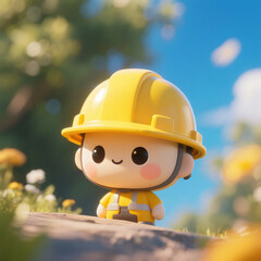 Cute cartoon construction worker with yellow helmet and a happy face in a sunny outdoor scene