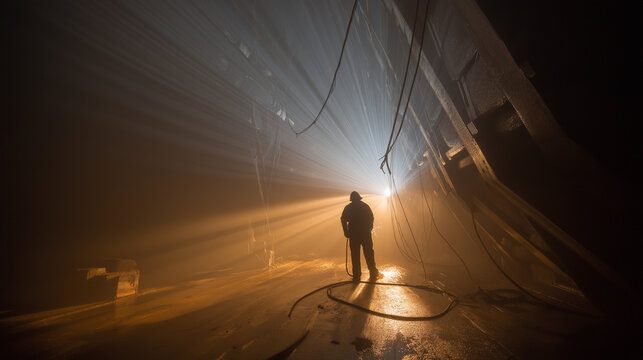 A wide shot of a welder working on a massive piece of mining infrastructure, the person silhouetted by the brilliant light of the torch, showing the scale of the operation, dusty air filled with light