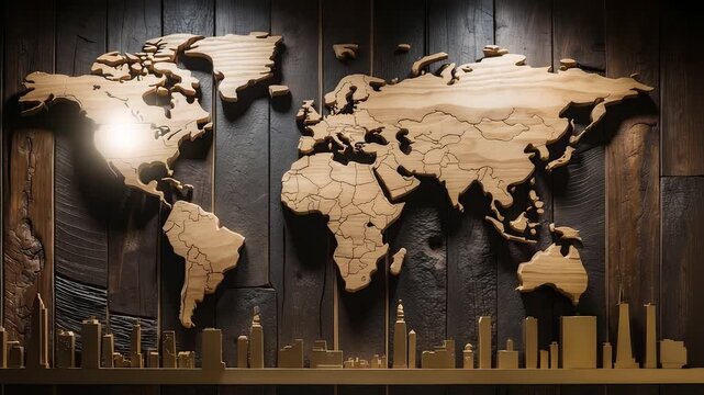 Wooden carved world map wall decoration with detailed continents and global city skyline silhouette on dark textured wooden background