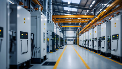 Industrial factory interior with automated machinery, production line, and advanced technology for efficient manufacturing