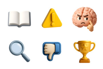 Collection of six distinct 3d rendered icons representing learning caution thinking research disapproval and achievement against a black background