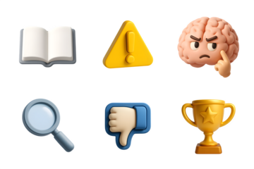 Collection of six distinct 3d rendered icons representing learning caution thinking research disapproval and achievement against a black background