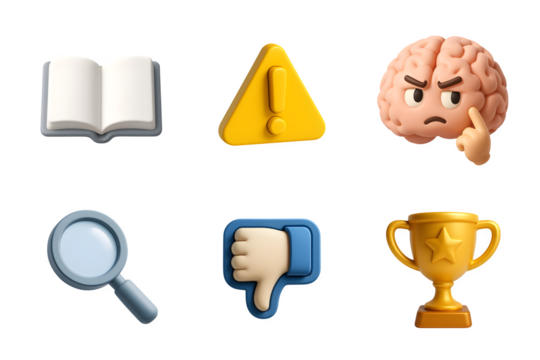 Collection of six distinct 3d rendered icons representing learning caution thinking research disapproval and achievement against a black background